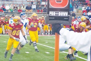 Still Fighting: Damien Miller (#80) and Jake Hancock (#62) keep up the hustle at Saturday’s “Hall of Fame Game/Senior Day”. Despite the effort, the Bulldogs ended up with a 59-14 loss against the Hillsdale Chargers. Photo By: Kristyn Sonnenberg | Photo Editor Still Fighting: Damien Miller (#80) and Jake Hancock (#62) keep up the hustle at Saturday’s “Hall of Fame Game/Senior Day”. Despite the effort, the Bulldogs ended up with a 59-14 loss against the Hillsdale Chargers. Photo By: Kristyn Sonnenberg | Photo Editor